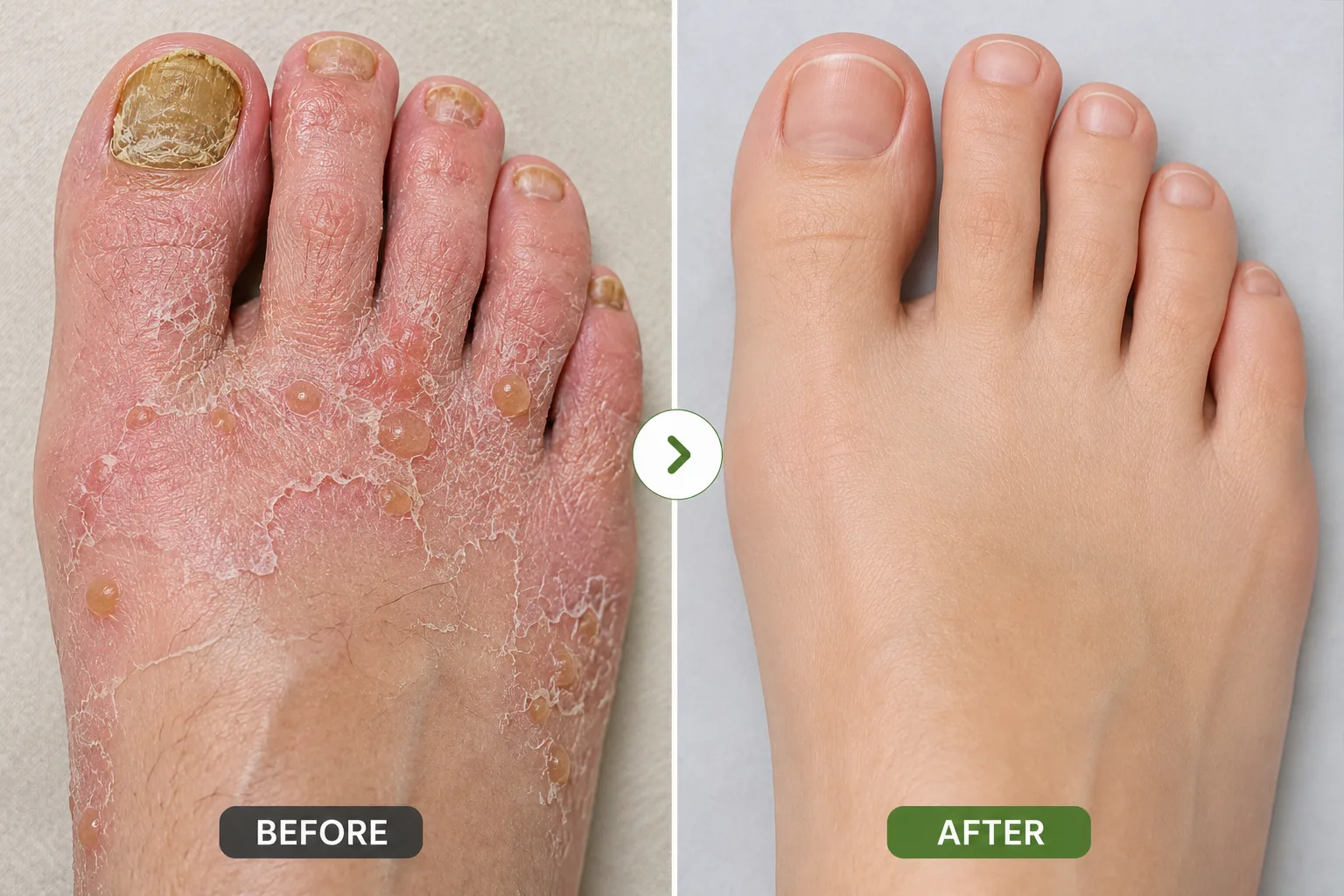 Before and after: foot with nail fungus versus clean healthy foot after care
