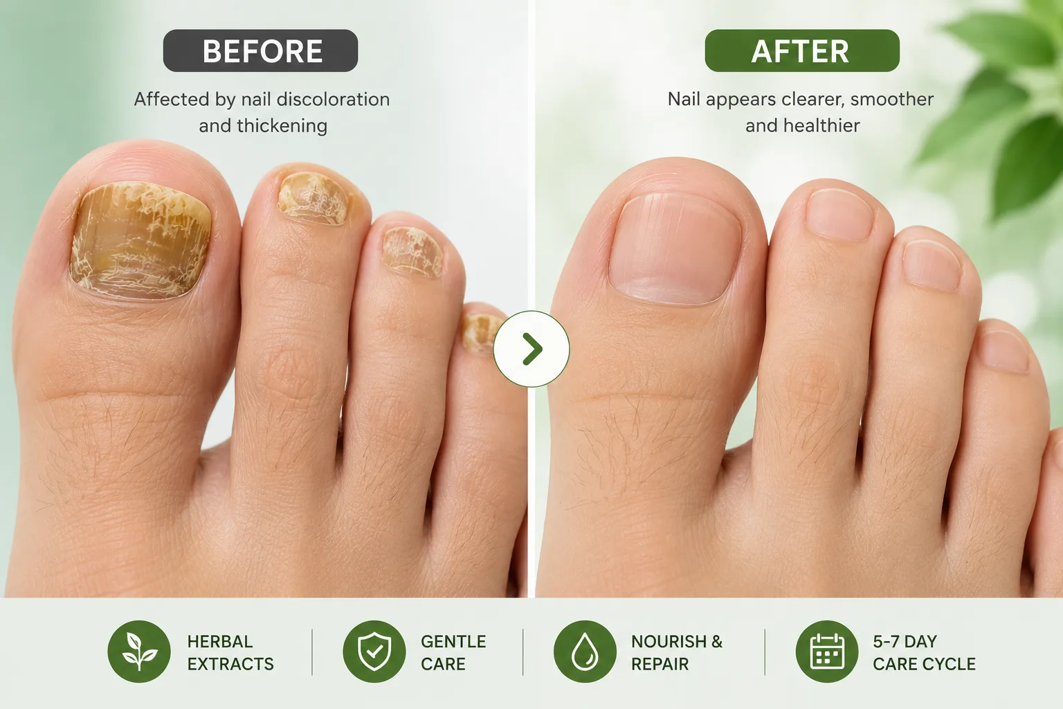 Before and after: toenail discoloration treatment with herbal nail cream