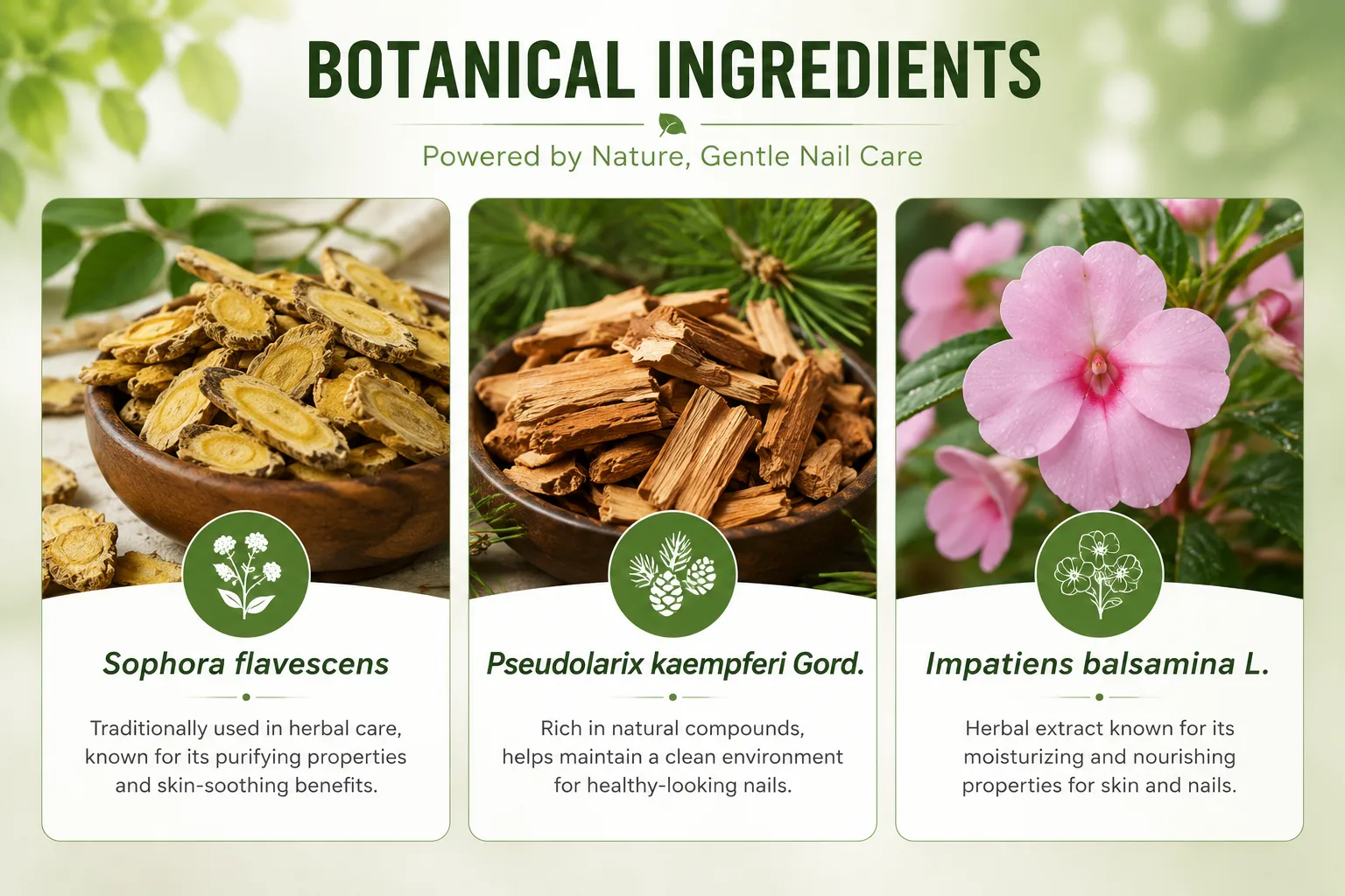 Botanical ingredients: Sophora flavescens, Pseudolarix kaempferi Gord., Impatiens balsamina L.
