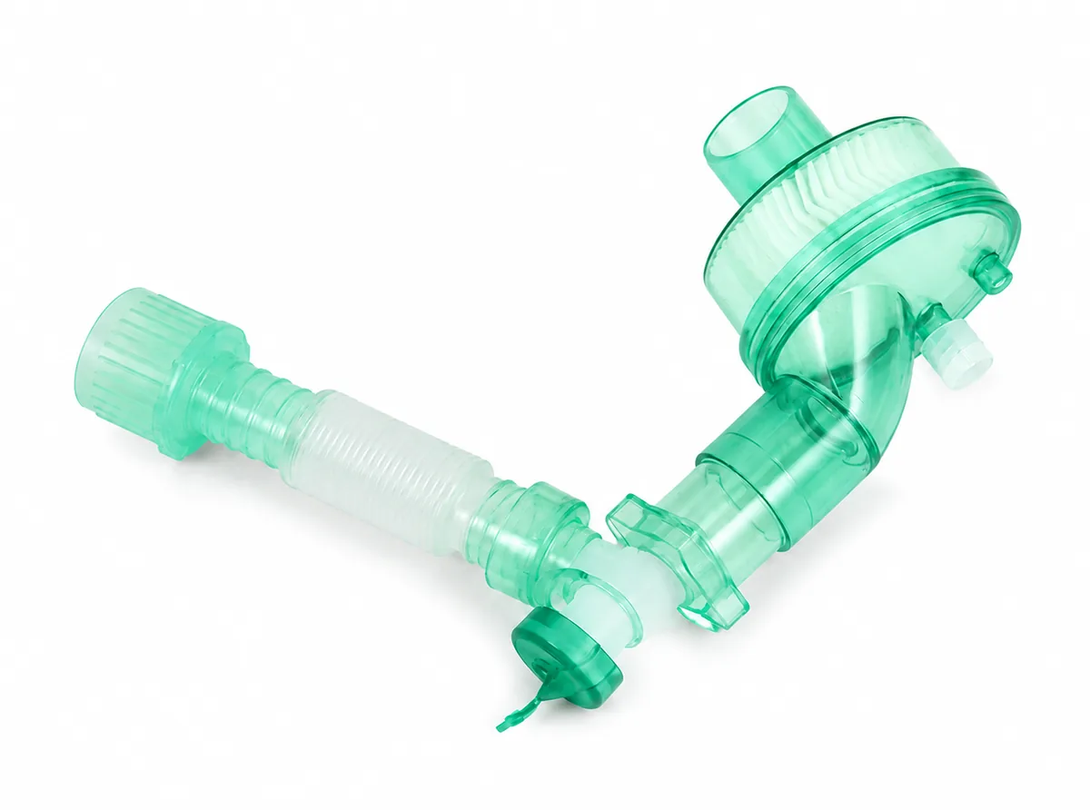 Filtro HMEF con Tubo de Extensión Desechable para Circuito Respiratorio — Disposable HMEF Filter with Catheter Mount for Anesthesia Breathing Circuit SKU HMEF-CM01